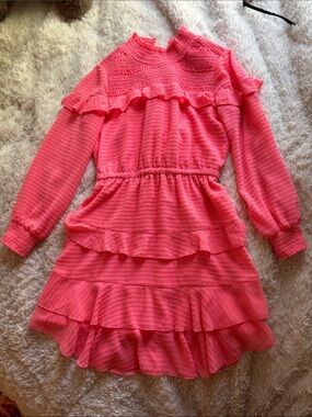 Girls' Pink Ruffle Tiered Long-Sleeve Dress